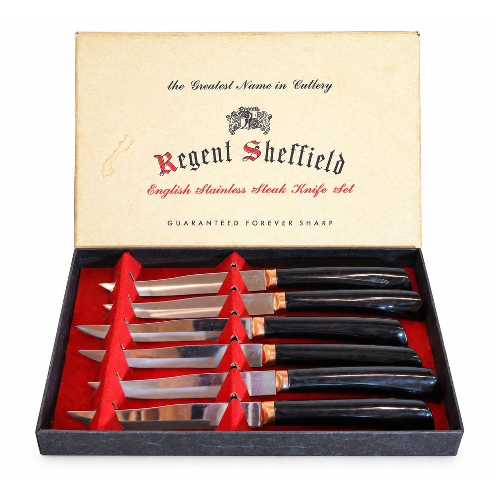 VTG Regent Sheffield Stainless Steel Steak Knives Black Handle -Set of 6 England